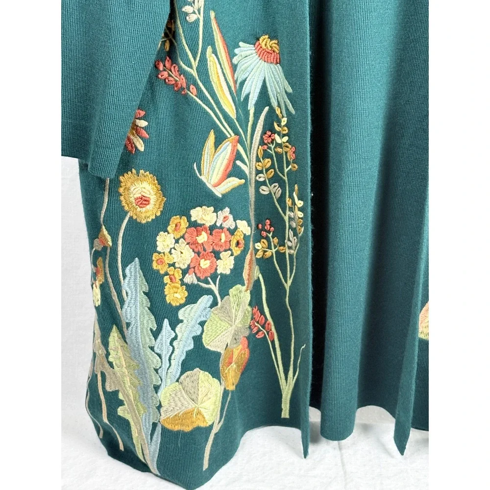 Soft Surroundings Teal Floral Embroidered Wool Blend Duster Cardigan 1X NWT